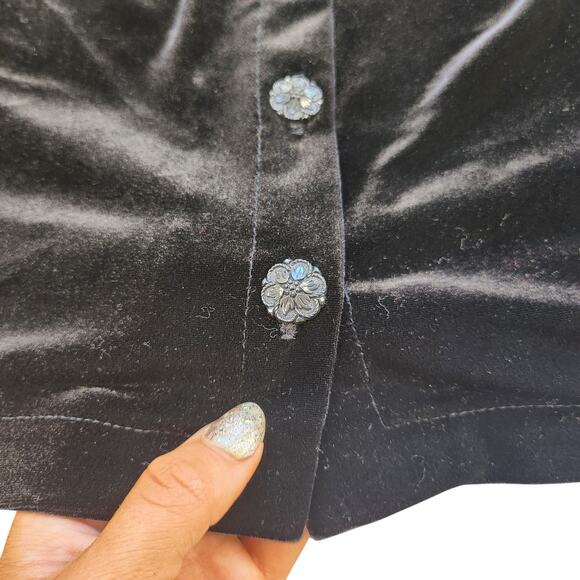 Vintage Velour Cardigan Womens Medium Small Black Long Sleeve Shiny Button Up - Picture 6 of 12